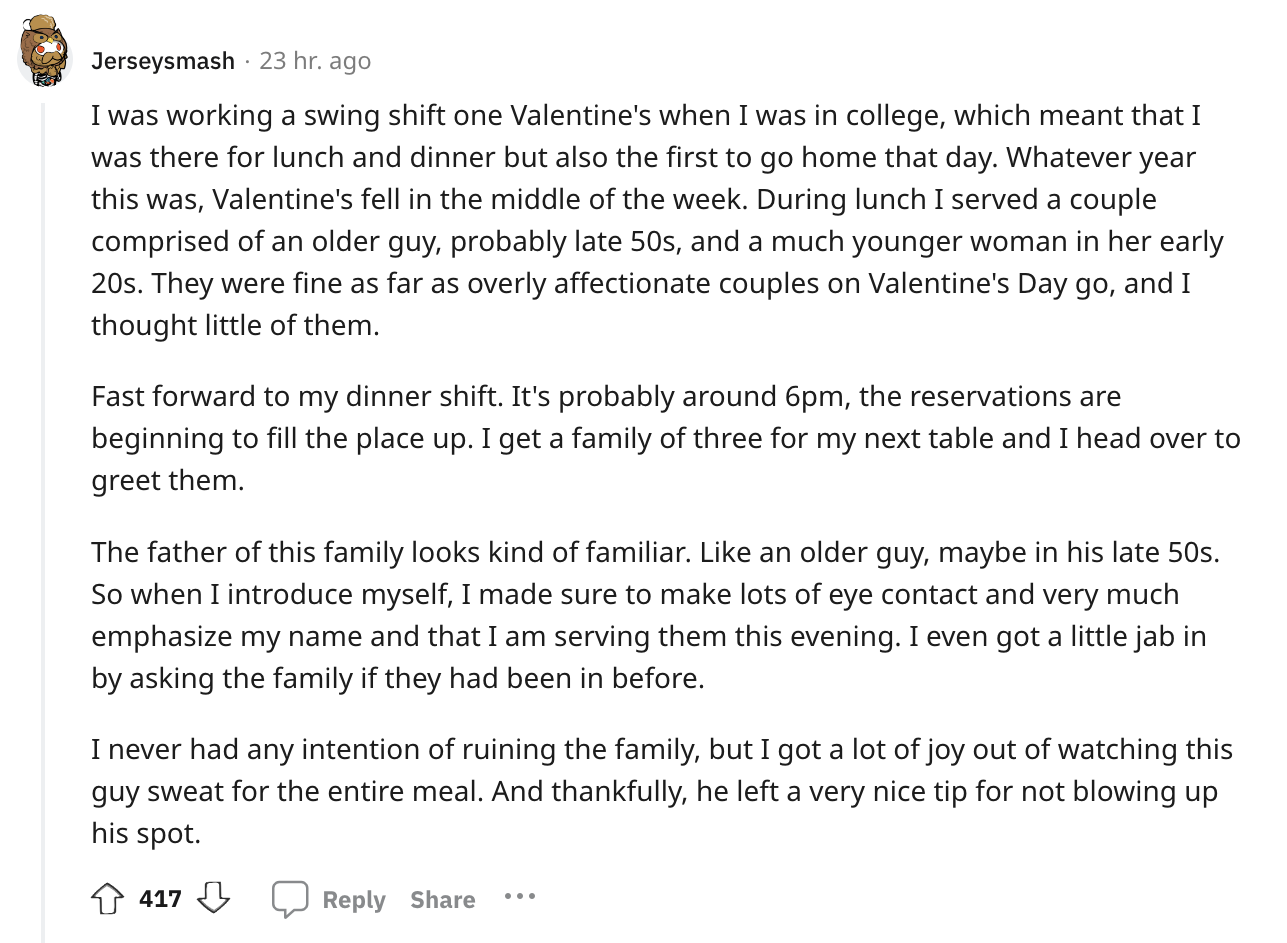 document - Jerseysmash 23 hr. ago I was working a swing shift one Valentine's when I was in college, which meant that I was there for lunch and dinner but also the first to go home that day. Whatever year this was, Valentine's fell in the middle of the we
